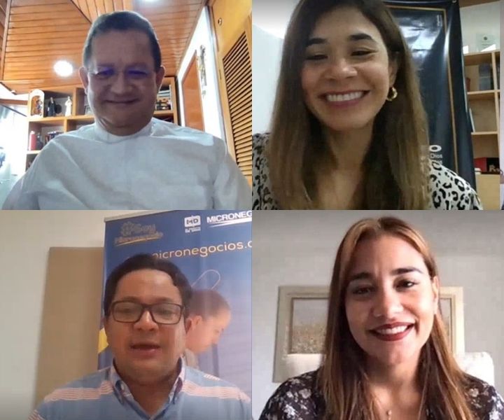 Conversatorio virtual "Crear y Creer: Retos del Emprendimiento en la Educación Superior" Cuatro personas reunidas de manera virtual.