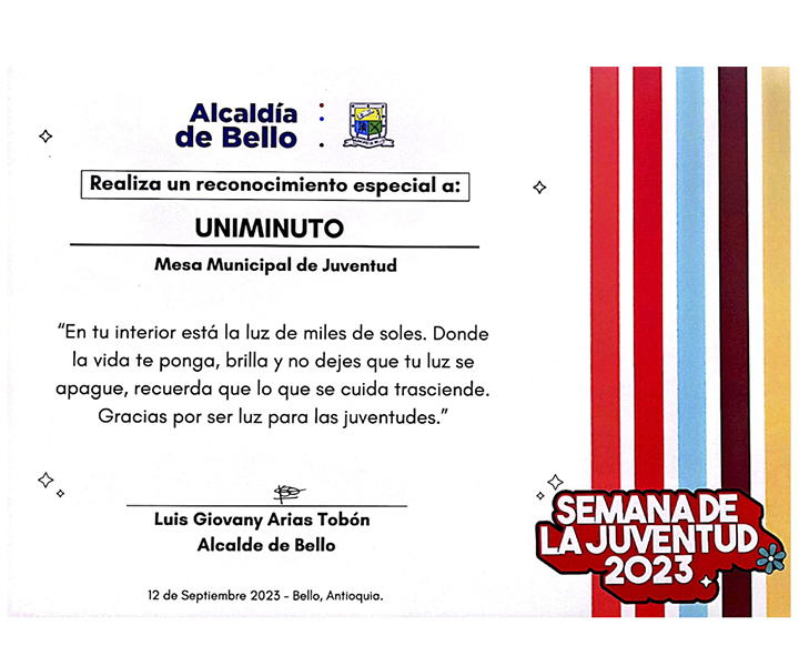 Alcaldía de Bello reconoció al CED por su participación en la Semana de la Juventud Reconocimiento de la Alcaldía al CED