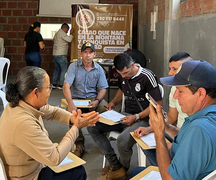 Miembros de ASOPROCOCOA reunidos en el taller de resolución del reto de diseño de la fase Crear.