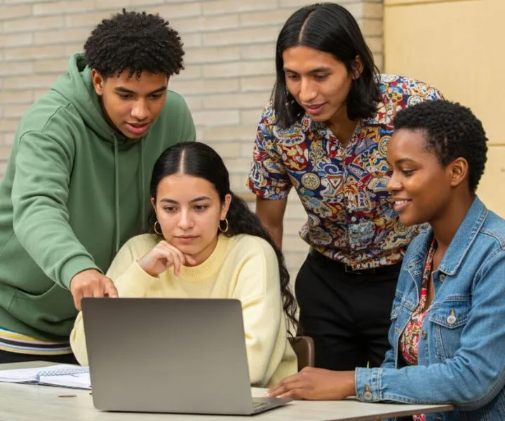 cuatro estudiantes observando un computador