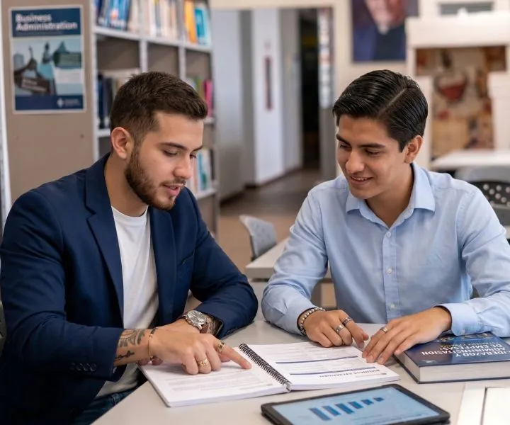 dos hombres revisando un libro en una oficina