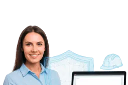 Mujer profesional mostrando plataforma de gestión de riesgos con elementos de seguridad laboral en contexto de seguridad y salud en el trabajo