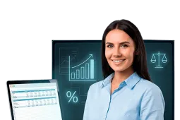 Mujer profesional analizando información contable en laptop con gráficos financieros y métricas en contexto de contaduría pública y análisis financiero