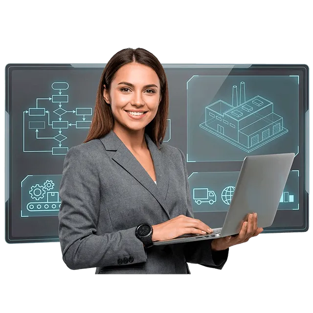Mujer profesional analizando procesos industriales y flujo de producción en entorno digital en contexto de ingeniería industrial y optimización de operaciones