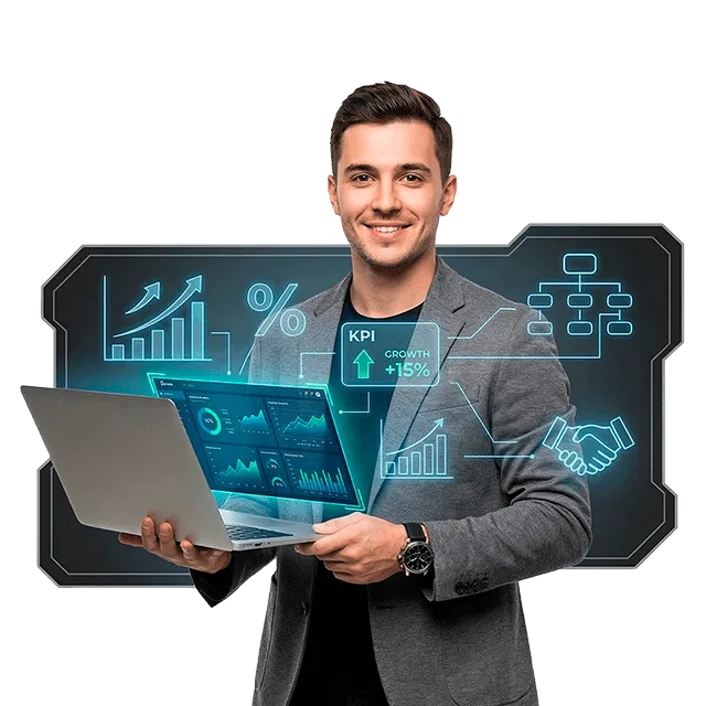 Hombre profesional sosteniendo laptop con indicadores de crecimiento, gráficos y KPI en contexto de administración de empresas y gestión estratégica