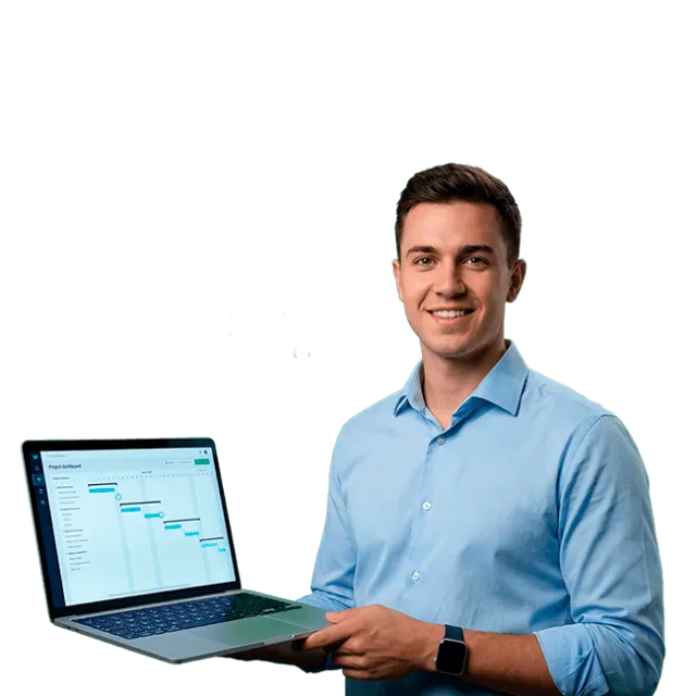 Hombre profesional sosteniendo laptop con cronograma de proyectos y herramientas de planificación en contexto de gerencia de proyectos y gestión estratégica
