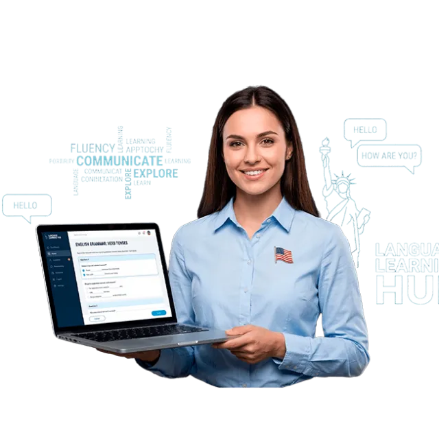 Mujer profesional mostrando plataforma de aprendizaje de idiomas con contexto internacional en entorno digital en contexto de licenciatura en lenguas extranjeras