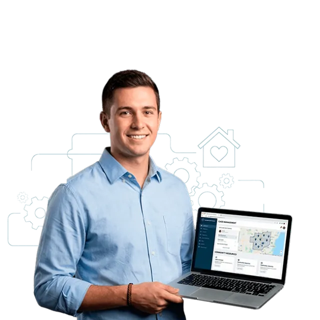 Hombre profesional mostrando plataforma digital con información social y geográfica en contexto de trabajo social y gestión comunitaria