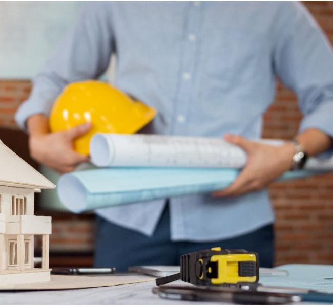 persona con planos y detras de una maqueta