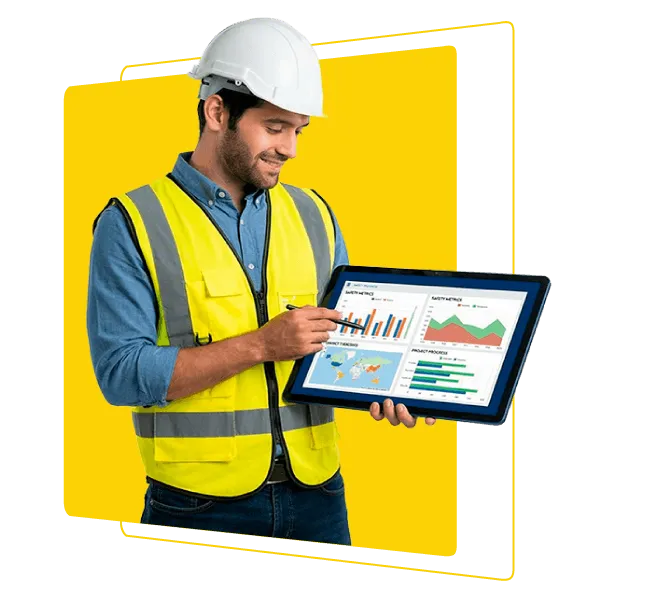 Profesional con casco y chaleco de seguridad revisando indicadores en tablet en entorno de seguridad y salud en el trabajo