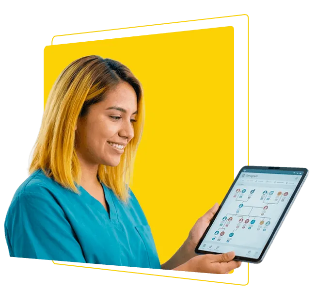 Mujer profesional utilizando tablet con información social y organizacional en contexto de trabajo social y gestión comunitaria